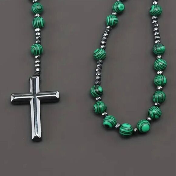 Green Malachite Hematite Round Beaded Cross Pendant Rosary Necklace New - Picture 3 of 7